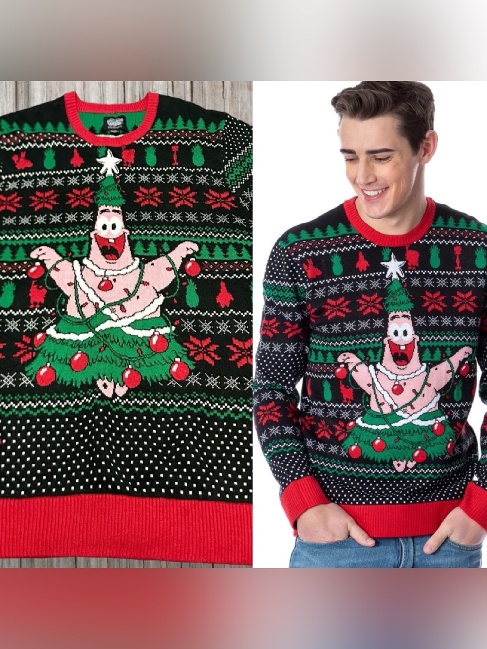 Men's Holiday Patrick Star Knit Sweater - Black/Red/Green XL